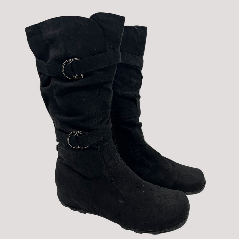 Bay Studio Black Faux Suede Mid Calf Boots Buckle Flat‎ Riding Boots 7.5